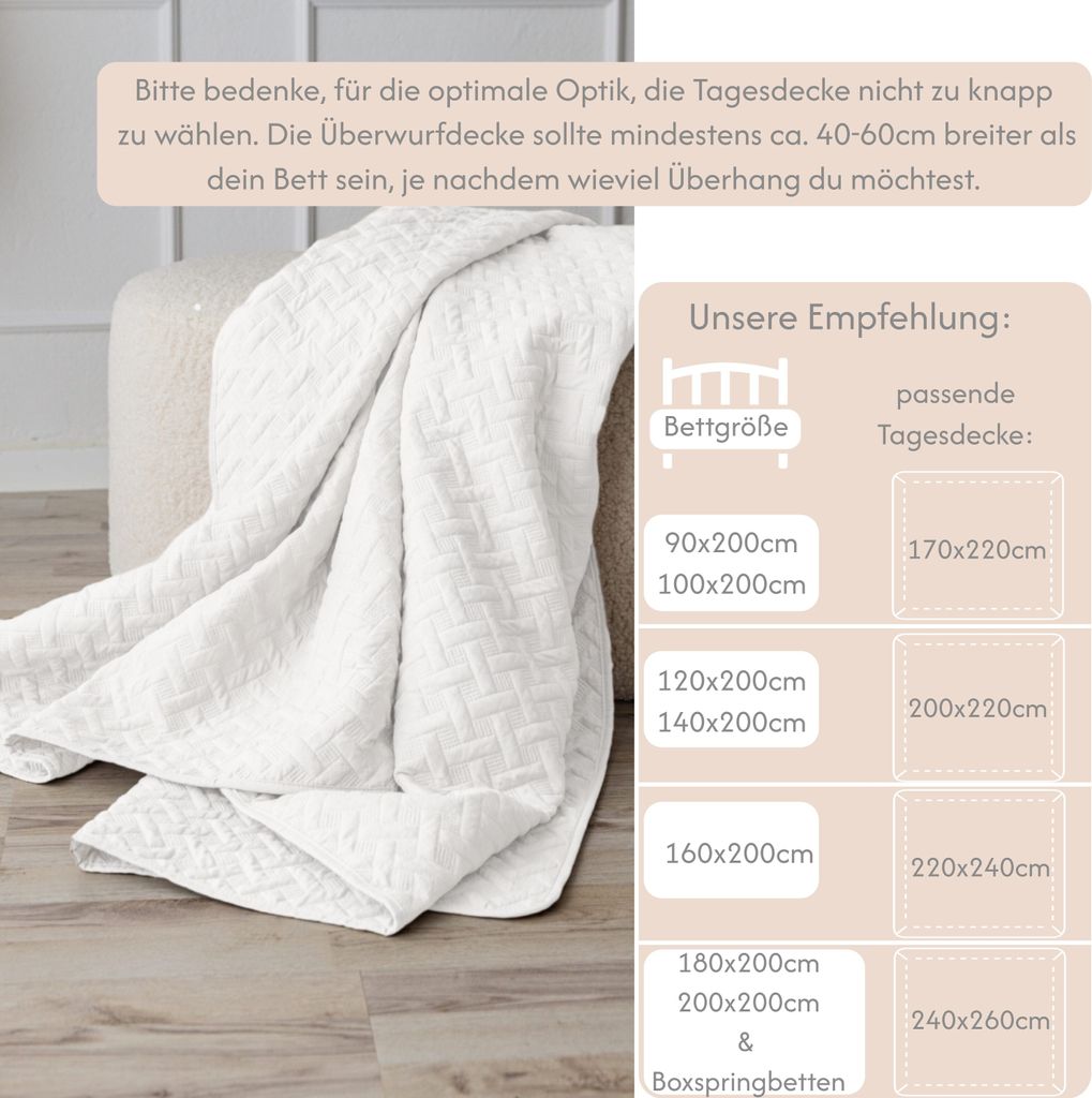 Tagesdecke Bettüberwurf Überwurf Weiss 200x220cm Produktbild 2