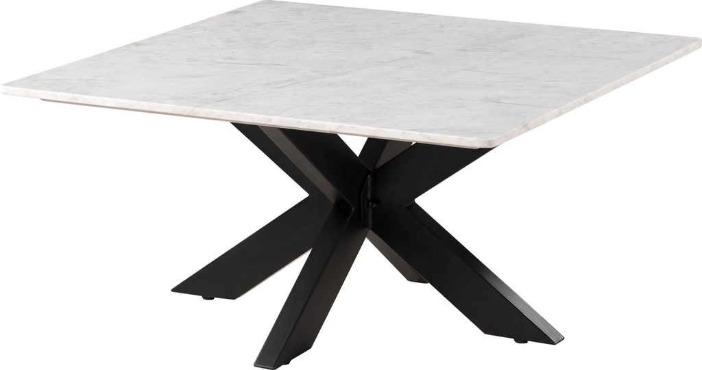MASSIVMOEBEL24 Couchtisch quadratisch 90x90x45 Marmor weiß / Kreuzgestell Eisen schwarz BARCELONA #316