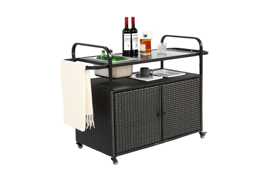 Outdoor-Bartisch, Wicker-Barwagen mit Schrank, Patio Servierwagen mit Stahlplatte, mit einem Eiskübel, abschließbare Räder, Seitenkorb für Garten