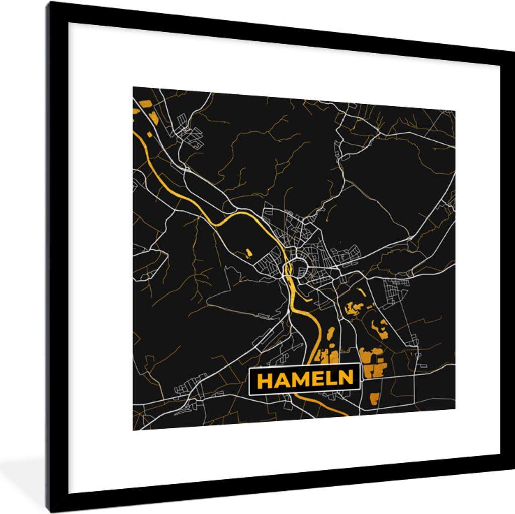 MuchoWow Gerahmtes Poster Karte - Hameln - Gold - Stadtplan - Deutschland 40x40 cm - Poster mit Schwarzem Bilderrahmen Wandposter Rahmen Foto Bil...