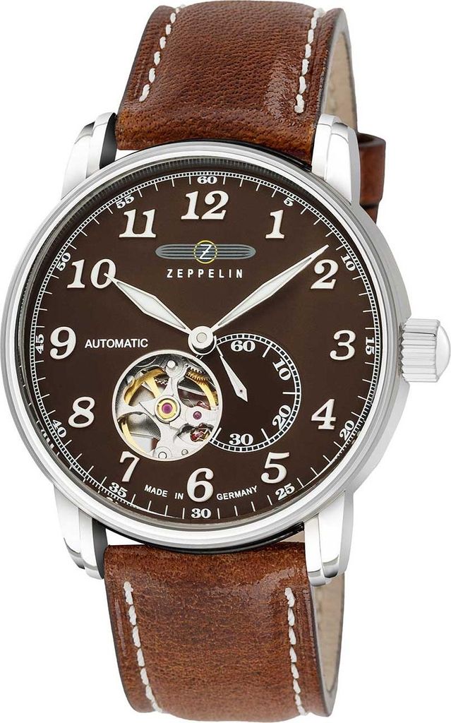 A close-up studio shot of a men's wristwatch with a brown leather strap and a brown dial.