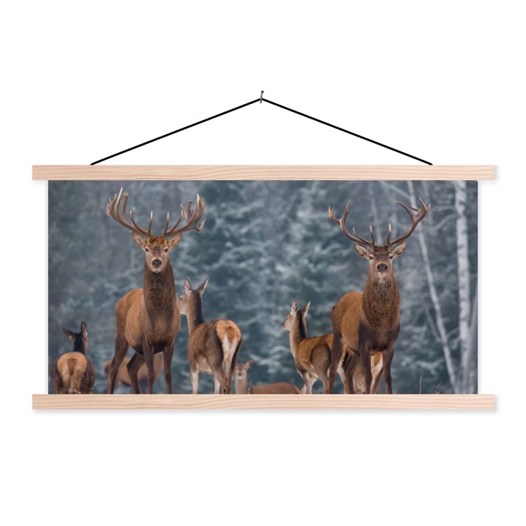 MuchoWow Textilposter Hirsche - Winter - Schnee - Waldtiere - Wald - Natur 60x30 cm mit holzfarbenen Rahmen - Dekoration