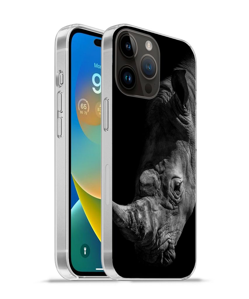 MuchoWow Handyhülle Schutzhülle Hülle für Apple iPhone 14 Pro - Softcase Nashorn - Wildtier - Porträt Silikon Softcase Handy Hülle - Umschlag