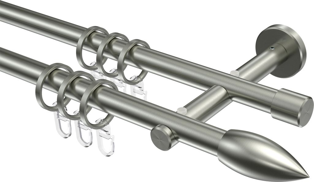 Interdeco Gardinenstange / Vorhangstange Edelstahl-Optik, Typ Medium Poveda (Flamme), 16 mm Ø 2-läufig, 220 cm