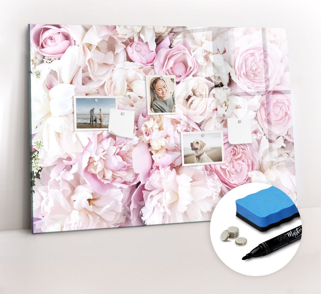 Magnetpinnwand Memoboard - Zubehörsatz - Schwarzer Marker + Schwamm + Magnete - 100 x 70 cm - Dekorative Blumen