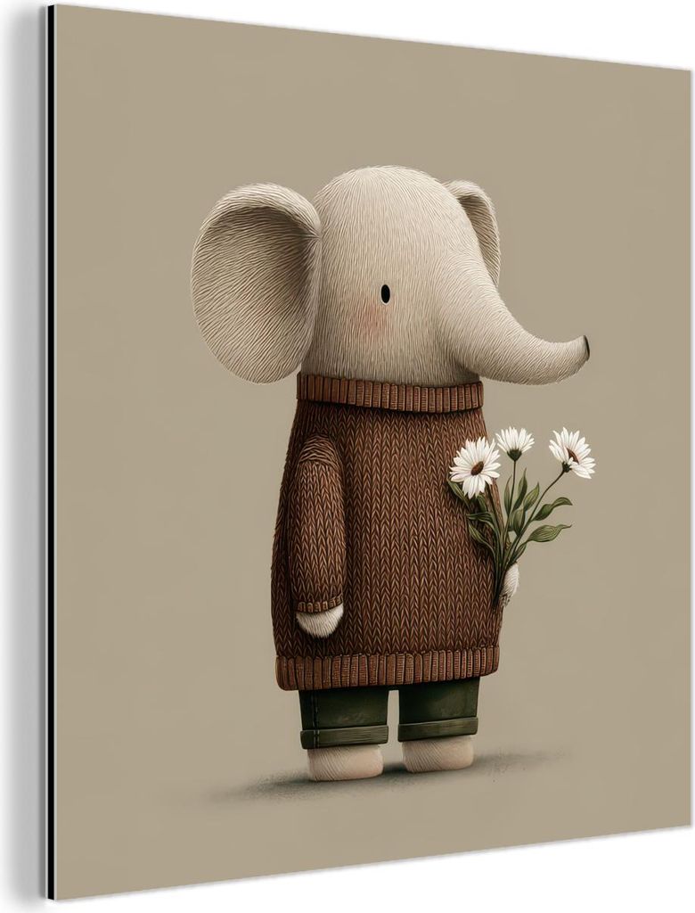 MuchoWow Wanddekoration Metall Metallbild Wandkunst 90x90 cm Elefant - Weiße Blumen - Kinderfreundlich MuchoWow Aluminium Gemälde - Dekoration - ...