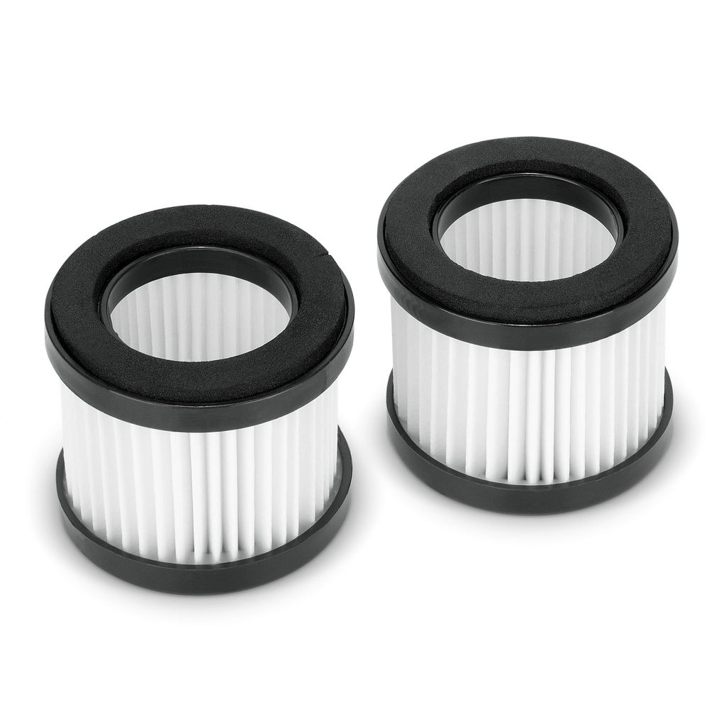 Two cylindrical vacuum cleaner filters with white pleated paper and black rubber seals are shown against a white background.