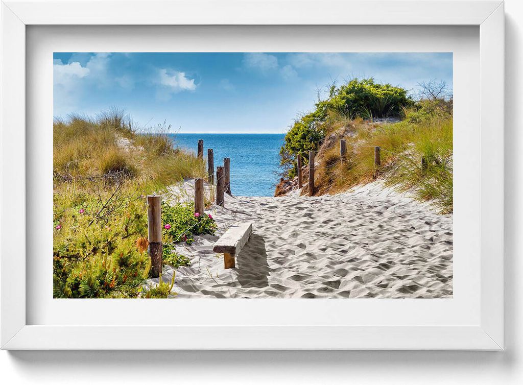 Sandige Straße zu den Stränden und dem Meer– Wandbild mit Rahmen – Gerahmtes Bild – Wanddekoration – 30x20 cm – Weiß Rahmen