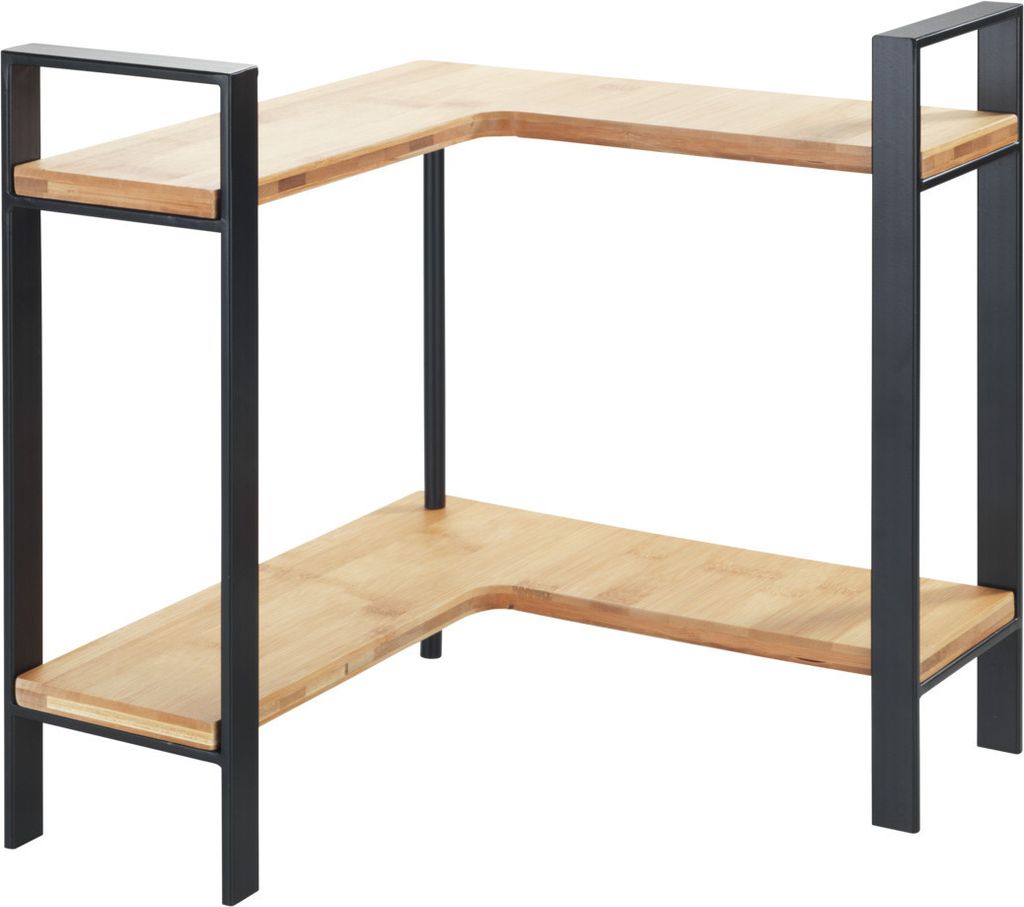 A corner shelf unit with two tiers, made of wood and black metal.