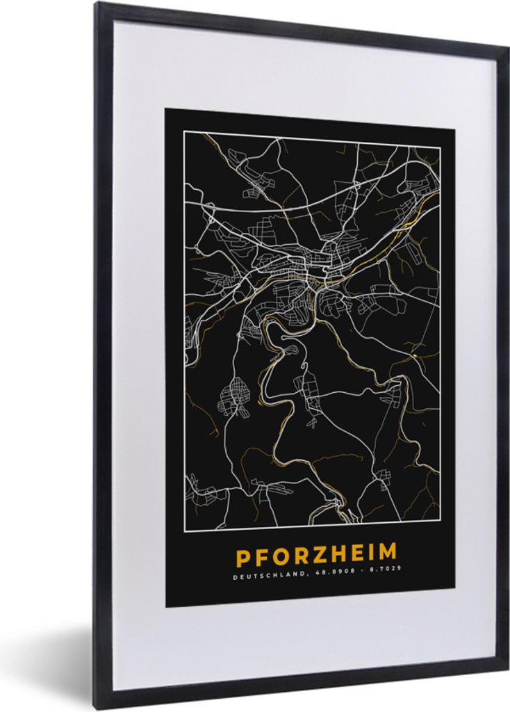MuchoWow Gerahmtes Poster Pforzheim - Gold - Karte - Deutschland - Karte 40x60 cm - Poster mit Schwarzem Bilderrahmen Wandposter Rahmen Foto Bild...