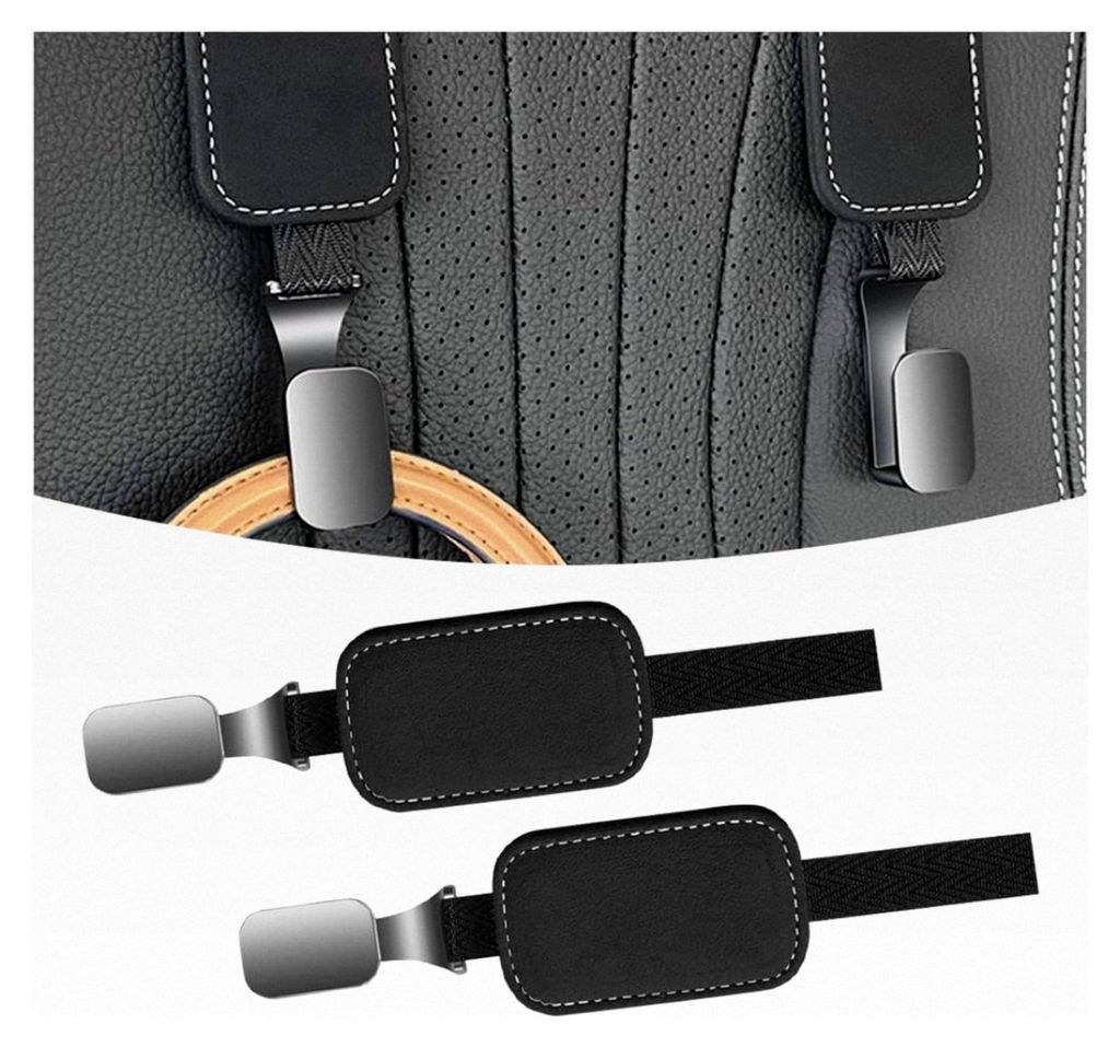 2 Stück Auto Rücksitz Kopfstützenhaken, Aufbewahrungshaken für Taschen im Fahrzeug, Wildleder Kleiderbügel für Lebensmittel (Schwarz)