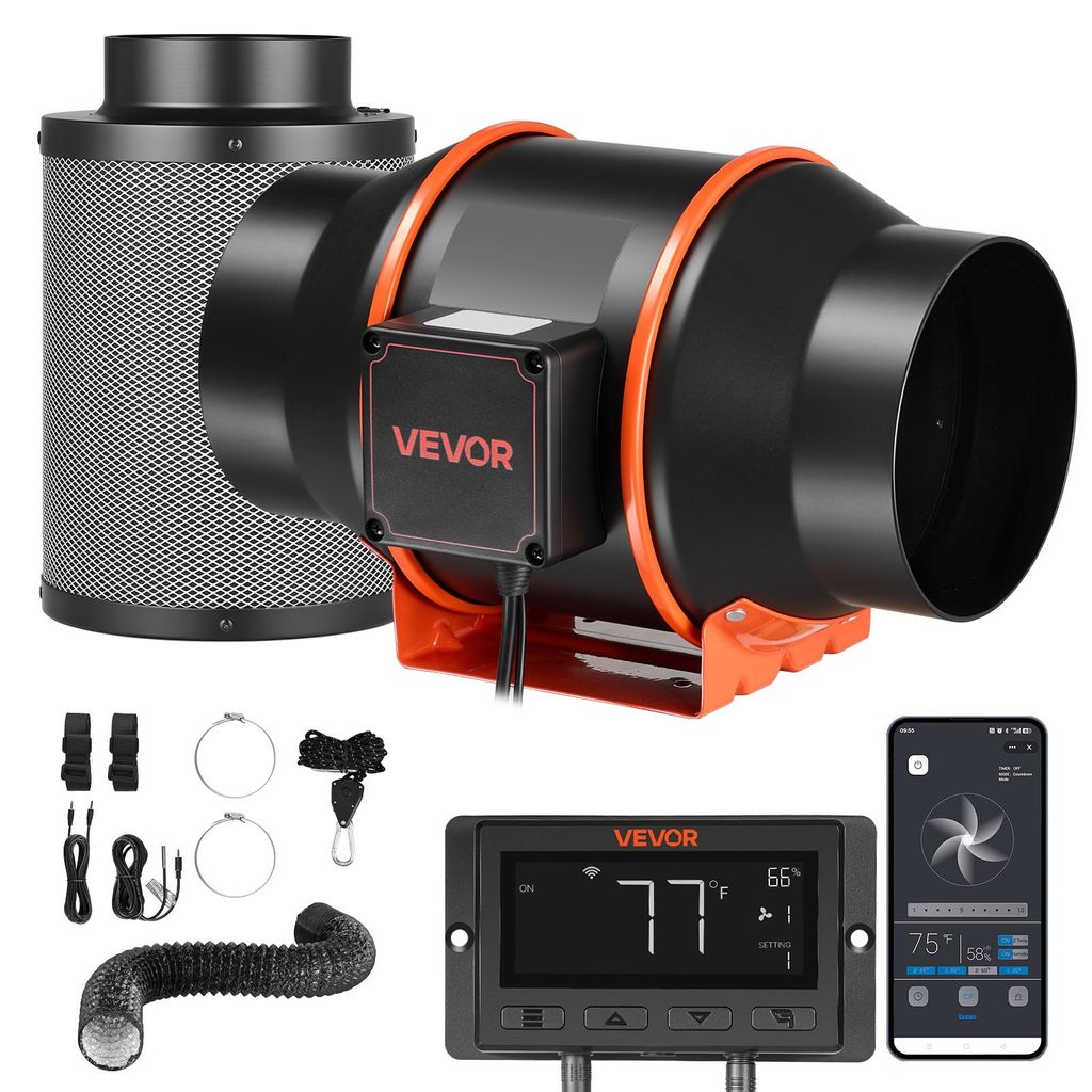 VEVOR 152,4mm Rohrventilator mit Kohlefilter, 683m³/h Inline-Rohrlüfter mit PWM & App-Steuerung, Kanalventilator mit 10 Stufen 9h Timer & EC-Moto...