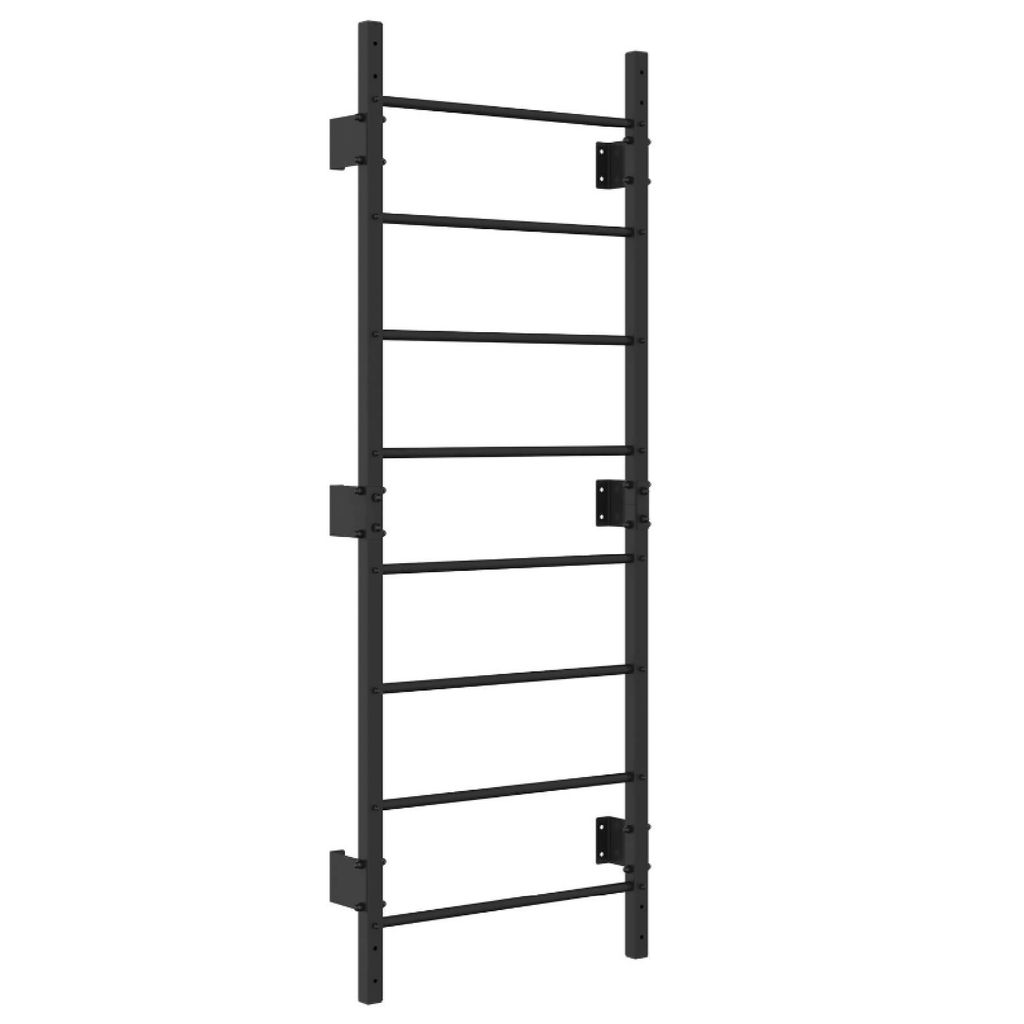 A black metal wall-mounted gymnastics ladder with eight rungs, shown against a white background.