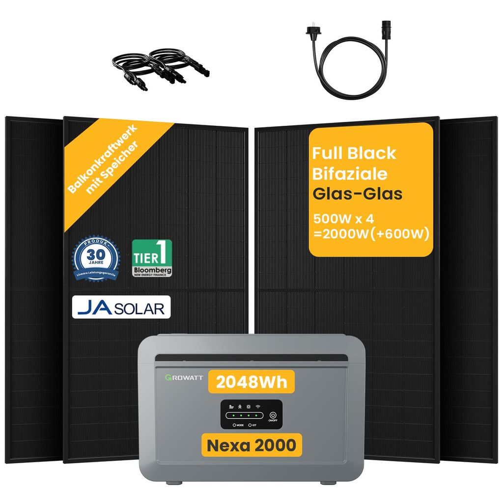 Powerness Balkonkraftwerk mit Speicher Growatt NEXA 2000 Speicher All-in-One 2048Wh Speicher mit 2000W(+600W) Full Black Bifaziale Solarmodule