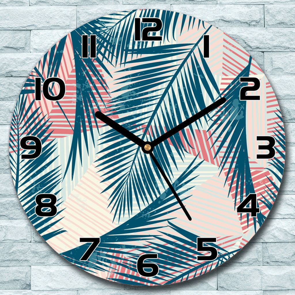 Wanduhr aus Glas Rund fi 30 Pastell Palmblätter Quarz Deko Wohnzimmer Büro