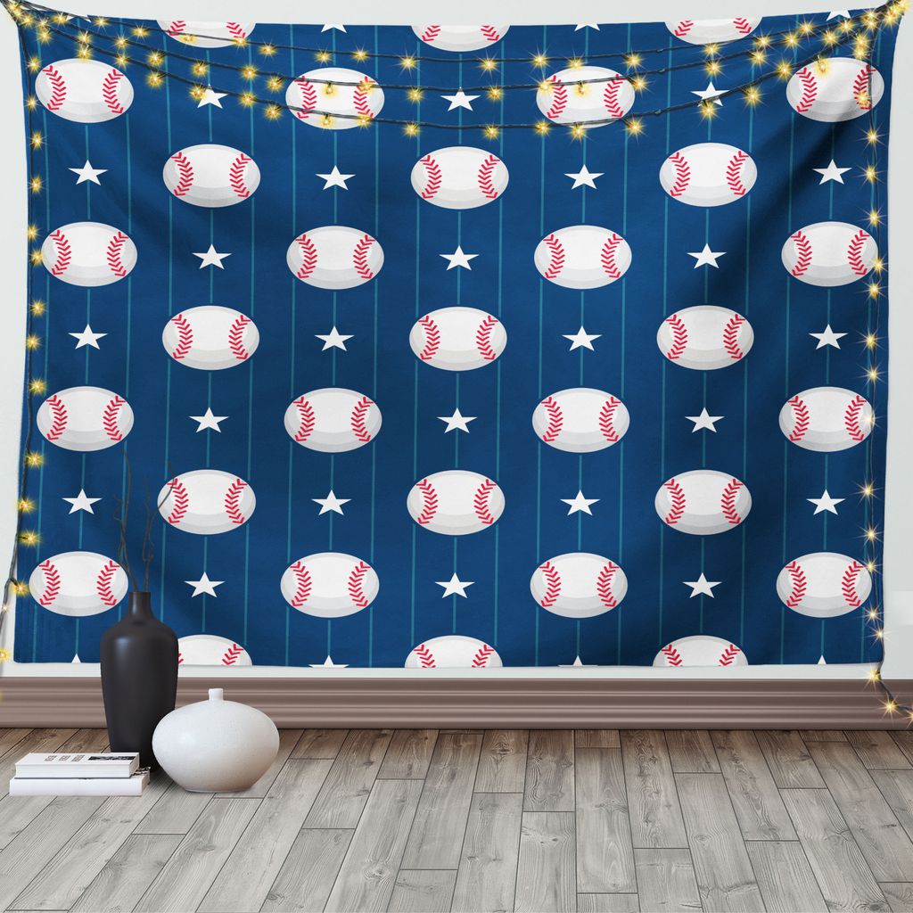 ABAKUHAUS Sport Wandteppich, Baseball-Streifen, Wohnzimmer Schlafzimmer Wandtuch Seidiges Satin Wandteppich, 150 x 100 cm, Nachtblau Weiß und Rot