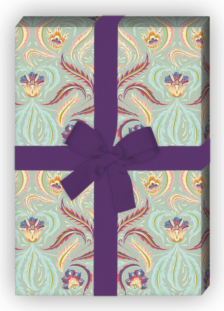 Vintage Geschenkpapier mit grafischem Retro Blumenmuster, türkis - G10152, 32 x 48cm
