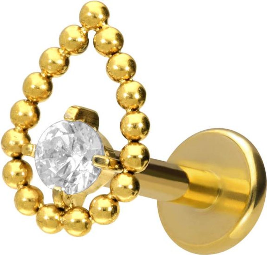 Ohrpiercing, Nasenpiercing Titan Labret mit Innengewinde TROPFEN + KRISTALL Gold Stablänge: 6mm | Stabstärke: 1,6mm