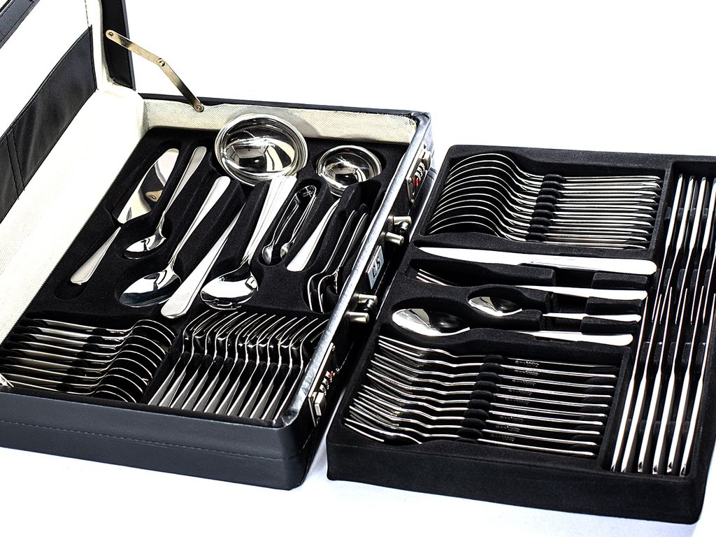 A cutlery set in a black case.