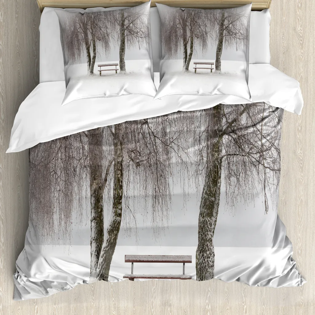 ABAKUHAUS Copripiumino con alberi, Bench Alberi Fiocchi di neve, Antiacaro Adatto a chi soffre di allergie Con federe, 155 cm x 220 cm - 80 x 80 cm, Bianco-marrone