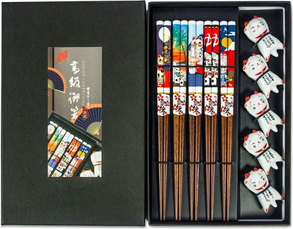 Yoaxia 5 Paar Essstäbchen + 5 Ablagen | Lucky Cat Maneki Produktbild 