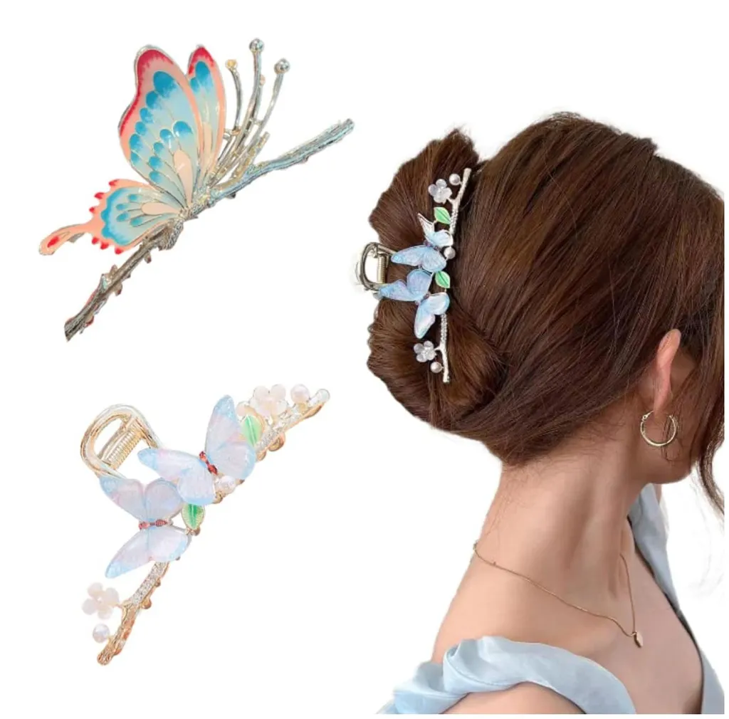 Lot de 2 barrettes papillon et fleurs en métal doré pour femme