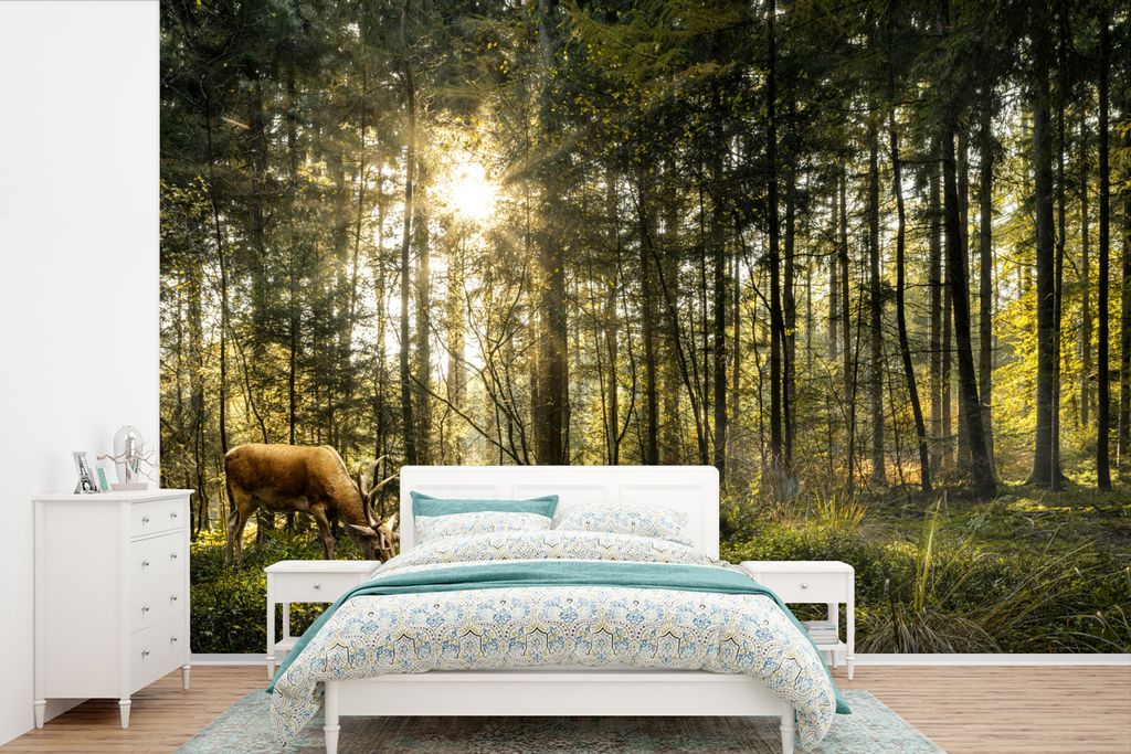 MuchoWow Fototapete für Wohnzimmer oder Schlafzimmer Wandtapete Vinyl Motivtapete Hirsche - Natur - Wald - 600x400 cm - Vinyltapeten