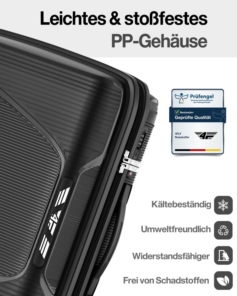4FLY Hartschalen Reisekoffer Set 4-teilig (S/M/L/XL) – mit TSA-Schloss, 4 Spinner-Doppelrollen, Kosmetiktasche, Handgepäck und Aufgabegepäck