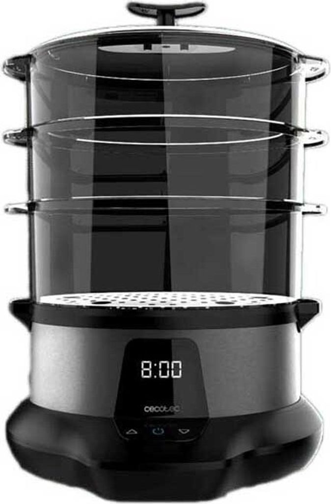 A three-tiered electric steamer with a digital display.