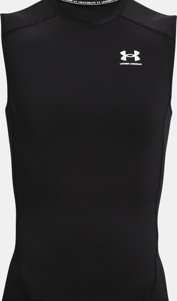 A black sleeveless fitness t-shirt with the Under Armour logo on the chest.