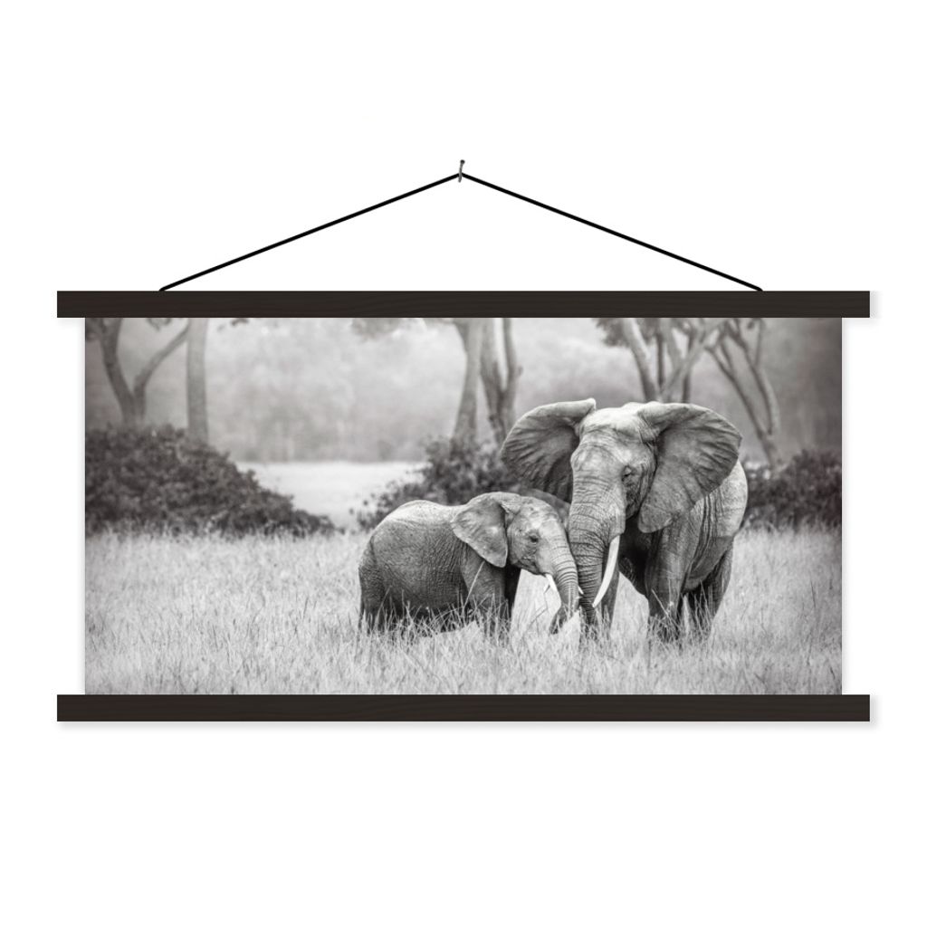 MuchoWow Textilposter Elefant - Tiere - Natur - Schwarz und weiß 90x45 cm mit schwarzem Rahmen - Klemmleisten