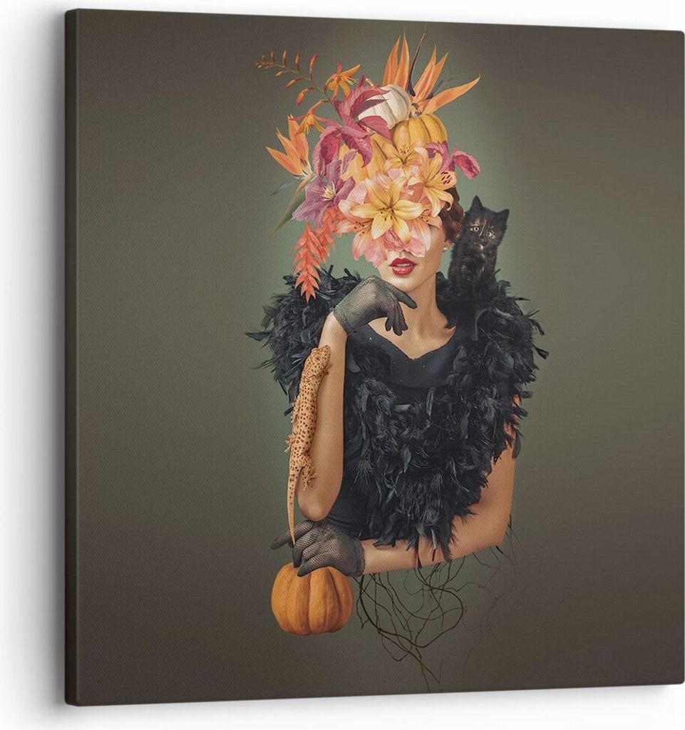 Bild auf Leinwand - Leinwandbild - Einteilig - Frau Katze Blumen - 30x30cm - Wand Bild - Wanddeko - Wandbilder - Leinwanddruck - Bilder - Wanddekor...