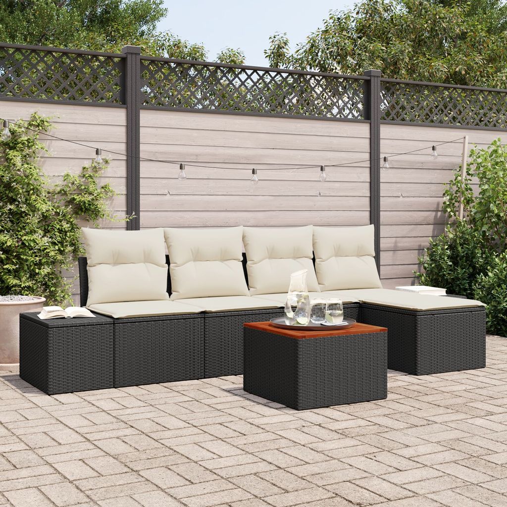 6-teiliges Gartensofa Set mit Kissen Schwarz Poly Rattan Akazie, Gartensofas DesignMöbel Neu