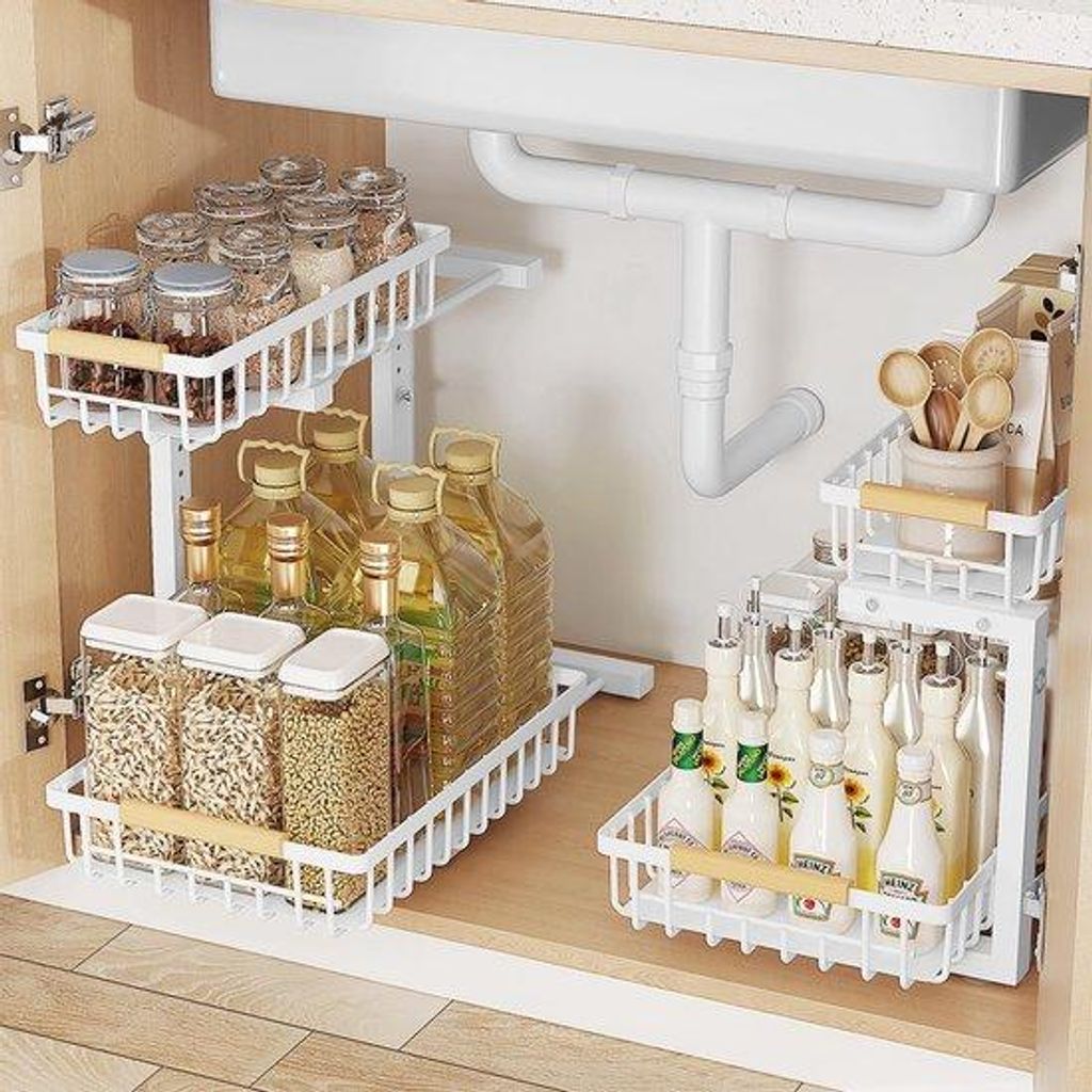 Unyqoos Verstellbare doppelte Küchen- und Badezimmer-Organizer für optimale Raumausnutzung