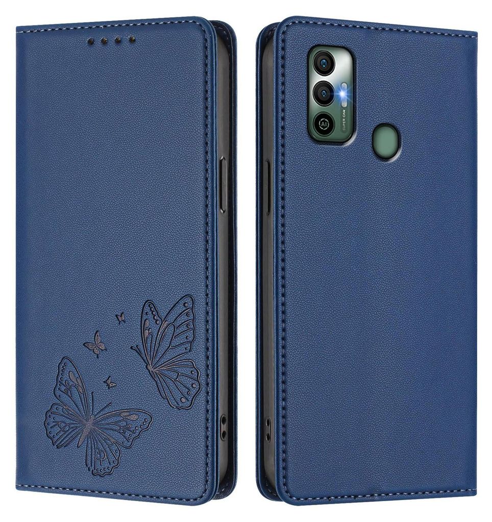 Lederhülle für Tecno Spark 7 /Spark 7T, Schmetterling Prägung Leder Brieftasche Schutzhülle mit Ständer Dunkelblau