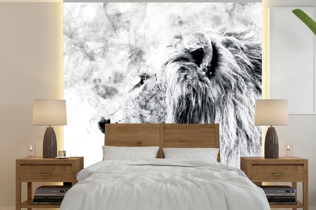 MuchoWow Fototapete für Wohnzimmer oder Schlafzimmer Wandtapete Vinyl Motivtapete Löwe - Schwarz - Weiß - Linie - 260x260 cm - Papiertapeten