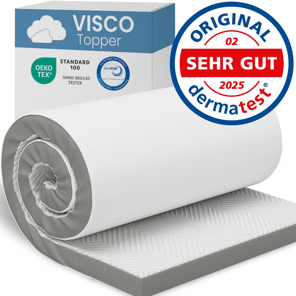 A rolled-up mattress topper is shown on top of a flat mattress topper, with packaging and certification logos in the background.