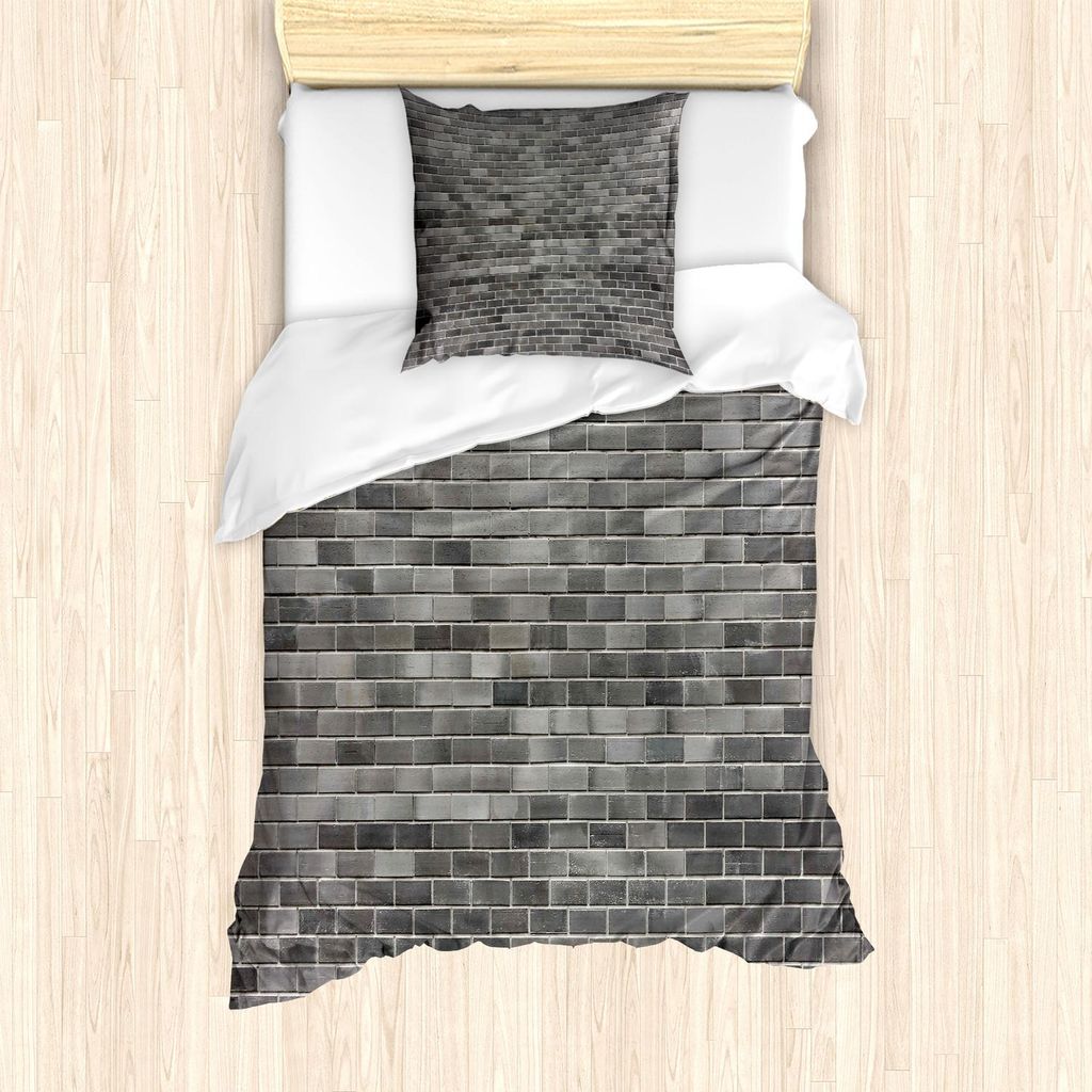 ABAKUHAUS Grau und Weiß Bettbezug Set, Moderne Backsteinmauer-Fliesen-städtische Bau-Architektur-Gebäude-Stadt-Kunst-Bild, 135 x 200 cm + 80 x 8...