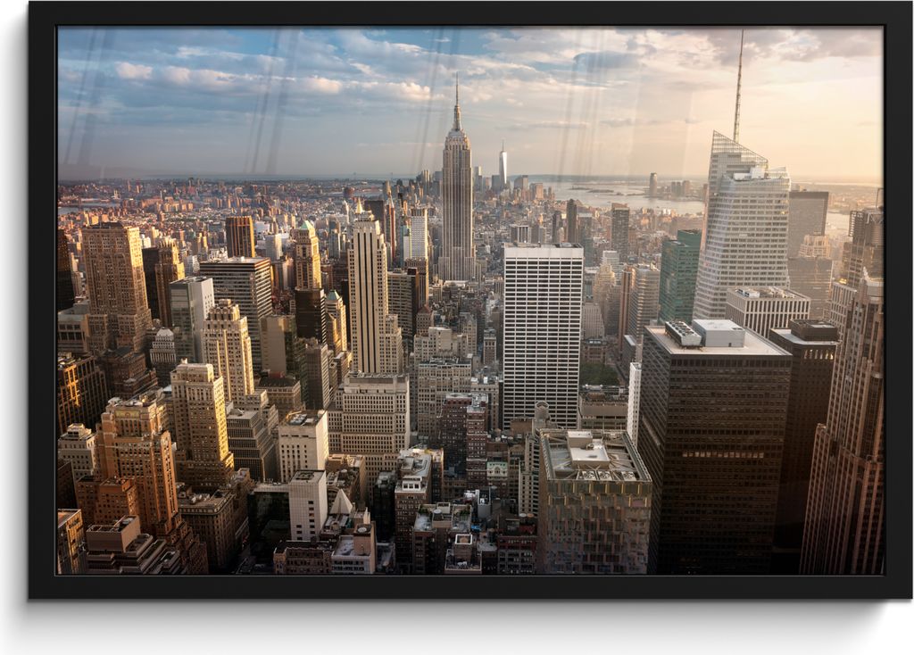 MuchoWow MuchoWow Gerahmtes Poster New York - Sonne - Wolken 60x40 cm - Poster mit zchwarzem Bilderrahmen - Printing - Wanddeko Schlafzimmer