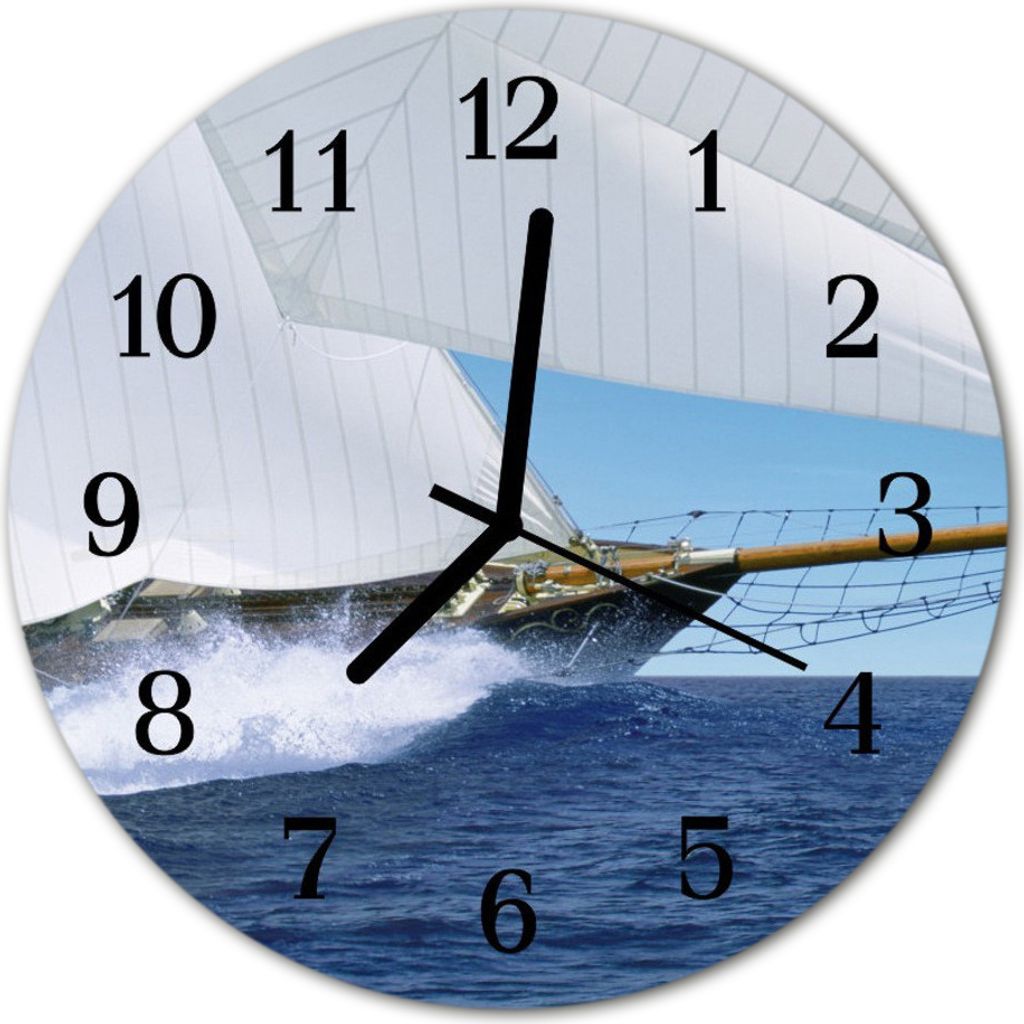 Glasuhr Wanduhr Küchenuhr Echt-Glas 30fi cm Segelboot blau