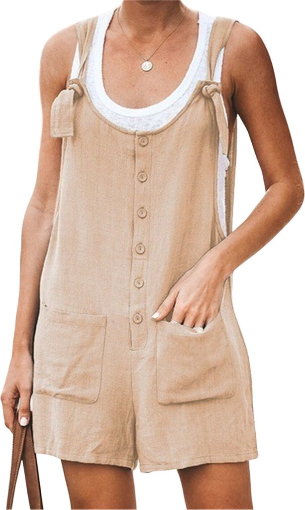 ASKSA Damen Kurz Jumpsuit Sommer Playsuit Kurz Romper Shorts Latzhose Frauen Overalls mit Taschen, Khaki, Groesse: XXL