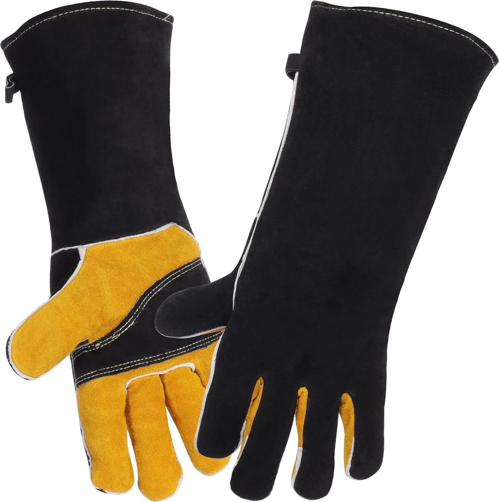 Schweißhandschuhe Hitze -resistenter Handschuh Lederhandschuhe 40 cm für Ofen/Grill/Kamin/Ofen/Herd/Topfhalter/Grill/Haustierhandling(Schwarz Gelb)