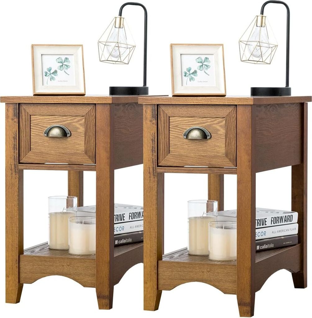 COSTWAY 2er Set Beistelltisch mit Schublade und Ablage, 2-stöckiger Sofatisch, schmaler Nachttisch, Kaffeetisch 56 x 33 x 58,5 cm, Gelbbraun