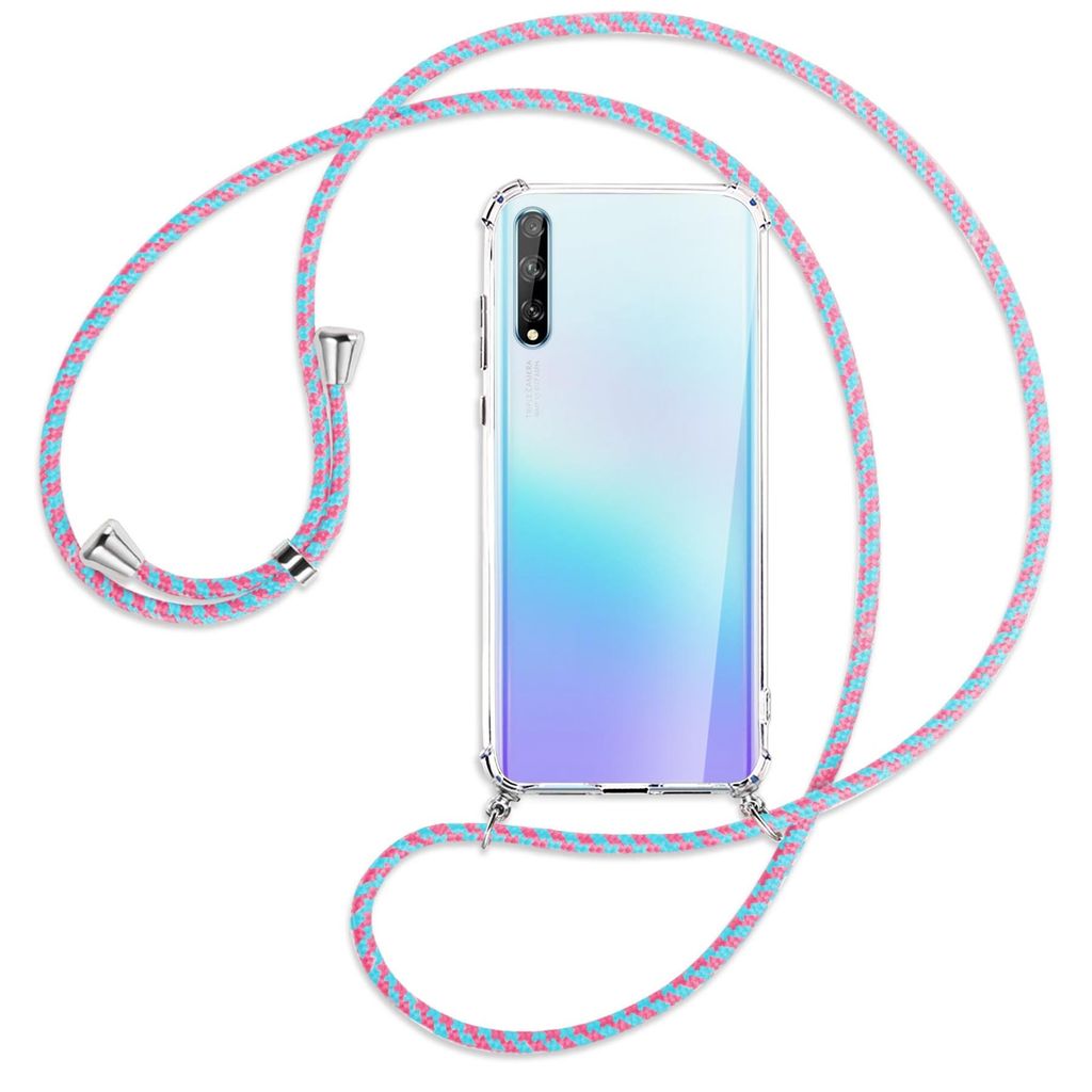Handykette Backcover-Schutzhülle mit Band (Metall silberfarben) für Huawei P Smart S // Enjoy 10s / Y8p - pink/mint