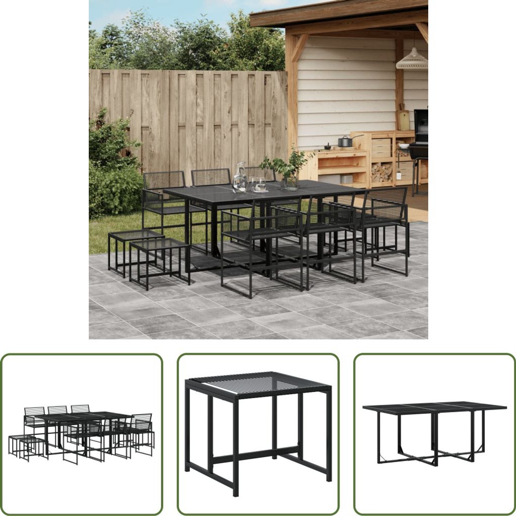 The Living Store 11-tlg. Garten-Essgruppe Schwarz Poly Rattan