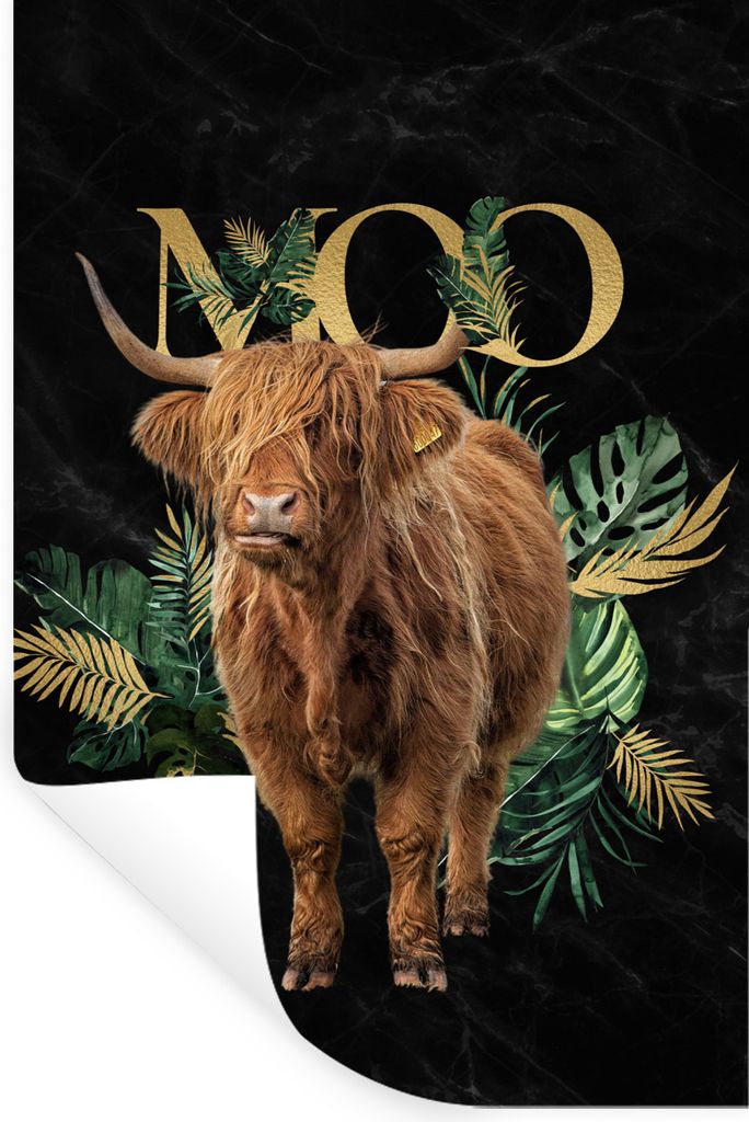 MuchoWow Wandtattoo Wandsticker Wandaufkleber Kuh - Schottischer Highlander - Pflanzen 60x90 cm Selbstklebend und Repositionierbar - Sticker - De...
