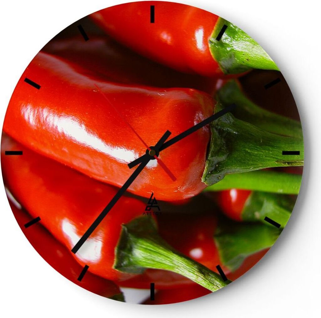 Wanduhr - Rund - Glasuhr - Gemüse würzig Chili - 30x30cm - Schleichendes Uhrwerk - Lautlos - zum Aufhängen bereit - Dekoration Modern - Wanddeko...