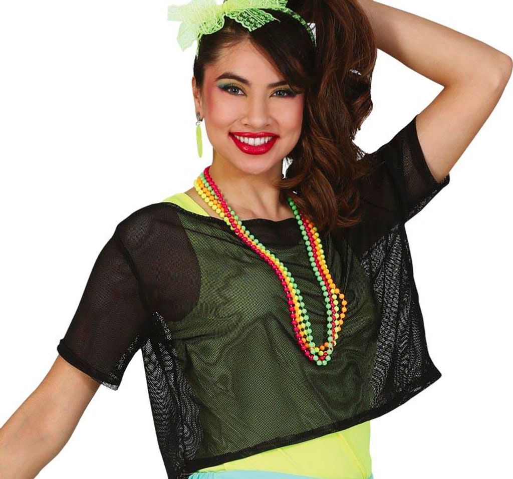 80s Neon Tanzshirt Karneval Fashion Sommer Grün Gelb Highlights Karneval Freizeit Party Festival Outfit Retro Look Spaß Eyecatcher, Farbe: Schwarz