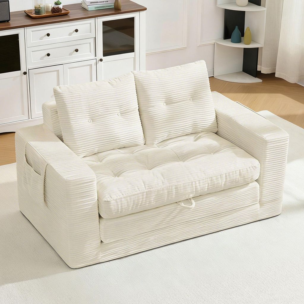 okwish Zweier Klappsofa mit Seitentasche und Armlehne, Klassische Sofas mit Schlaffunktion, Wohnzimmersofa,für kleine Wohnungen,Beige