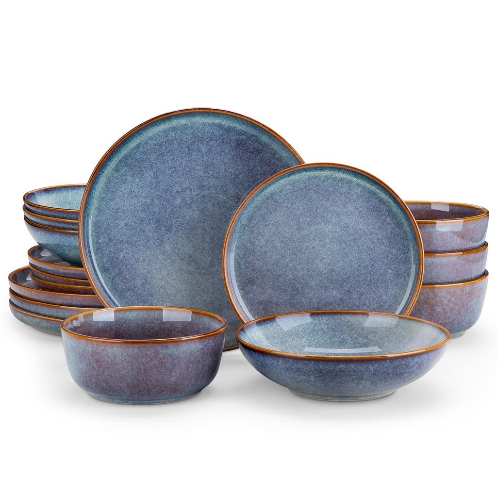A set of blue and gray stoneware plates and bowls with brown rims, arranged in a stack on a white background.